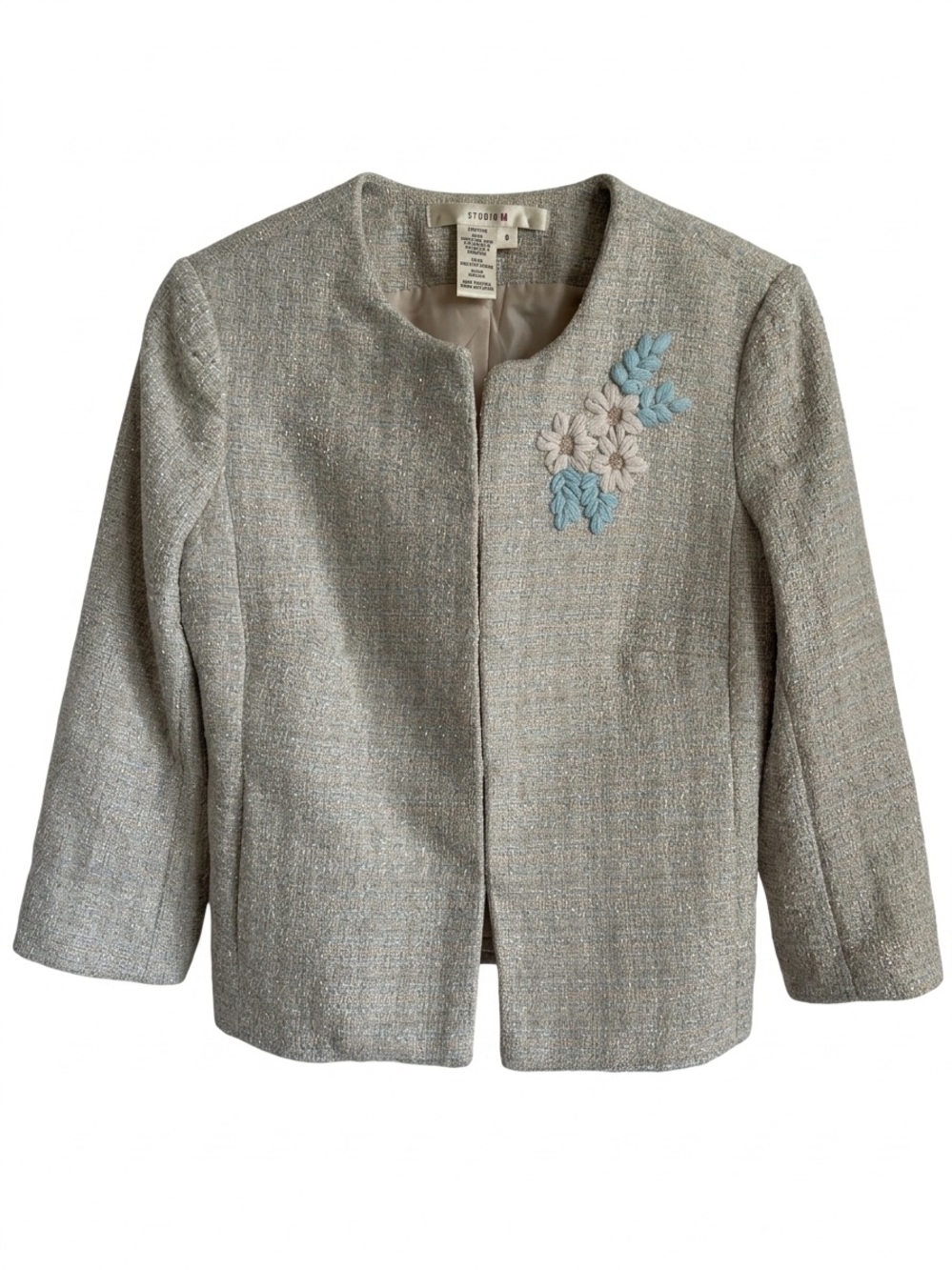 Vintage Studio M Tweed Crop Jacket Blazer Embroidered Floral Quiet Luxury